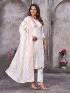Lorenvalley Fashion White Roman Silk Multi Embroidery Sequins With Hand Work Kurta Pant Dupatta | Grocsy