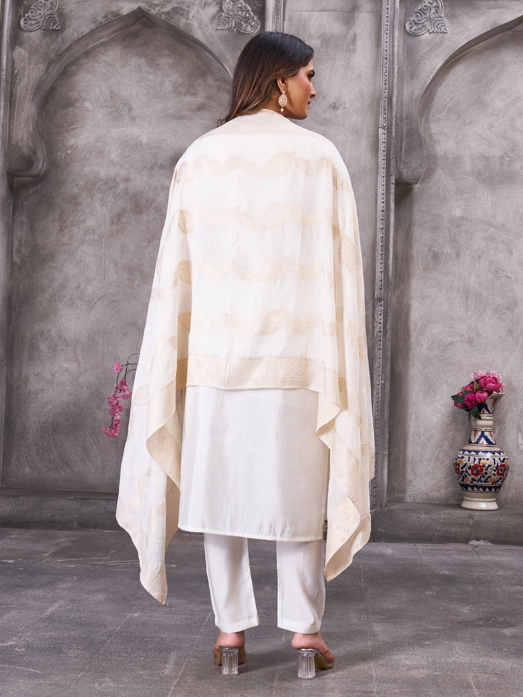 Lorenvalley Fashion White Roman Silk Multi Embroidery Sequins With Hand Work Kurta Pant Dupatta | Grocsy