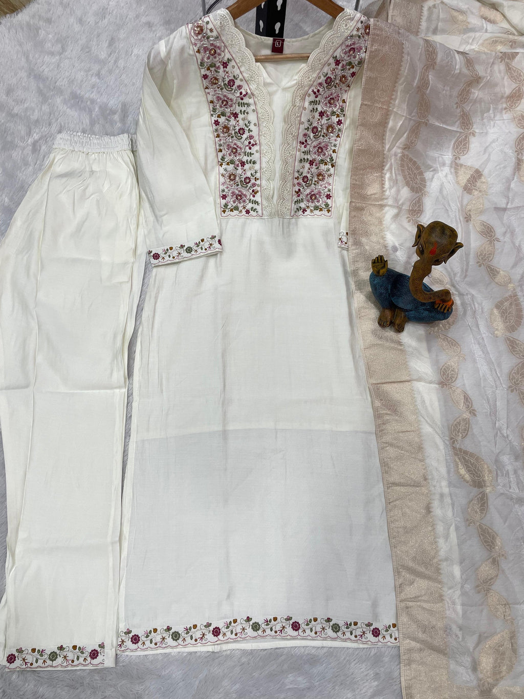 Lorenvalley Fashion White Roman Silk Multi Embroidery Sequins With Hand Work Kurta Pant Dupatta | Grocsy