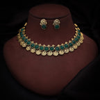 Tehzeeb Creations Green Colour Gold-Polished Stone Jewellery Choker Necklace Set With Matching Pair of Stud Earrings | Grocsy