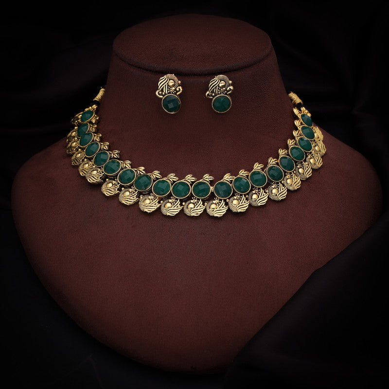 Tehzeeb Creations Green Colour Gold-Polished Stone Jewellery Choker Necklace Set With Matching Pair of Stud Earrings | Grocsy