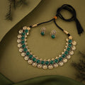 Tehzeeb Creations Green Colour Gold-Polished Stone Jewellery Choker Necklace Set With Matching Pair of Stud Earrings | Grocsy