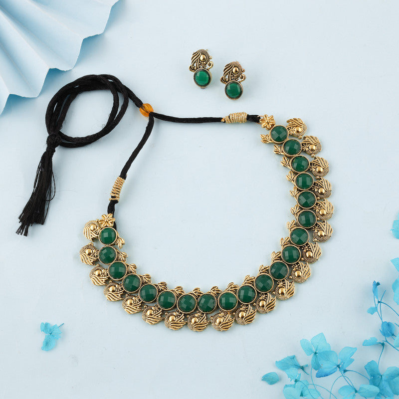 Tehzeeb Creations Green Colour Gold-Polished Stone Jewellery Choker Necklace Set With Matching Pair of Stud Earrings | Grocsy