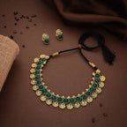 Tehzeeb Creations Green Colour Gold-Polished Stone Jewellery Choker Necklace Set With Matching Pair of Stud Earrings | Grocsy