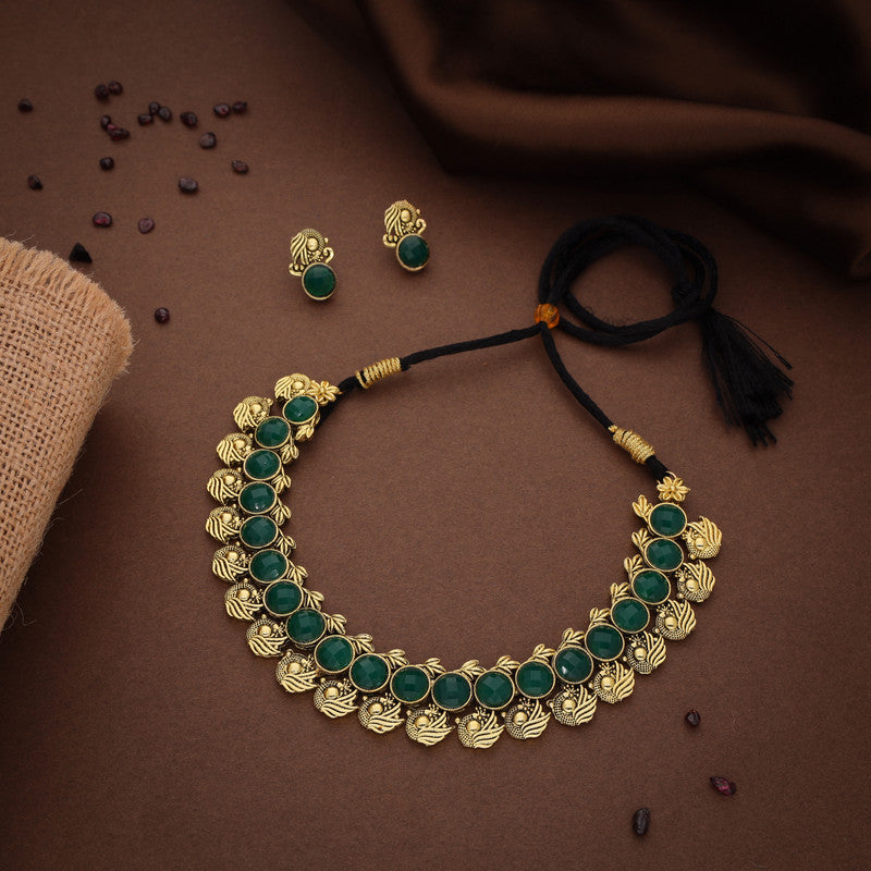Tehzeeb Creations Green Colour Gold-Polished Stone Jewellery Choker Necklace Set With Matching Pair of Stud Earrings | Grocsy