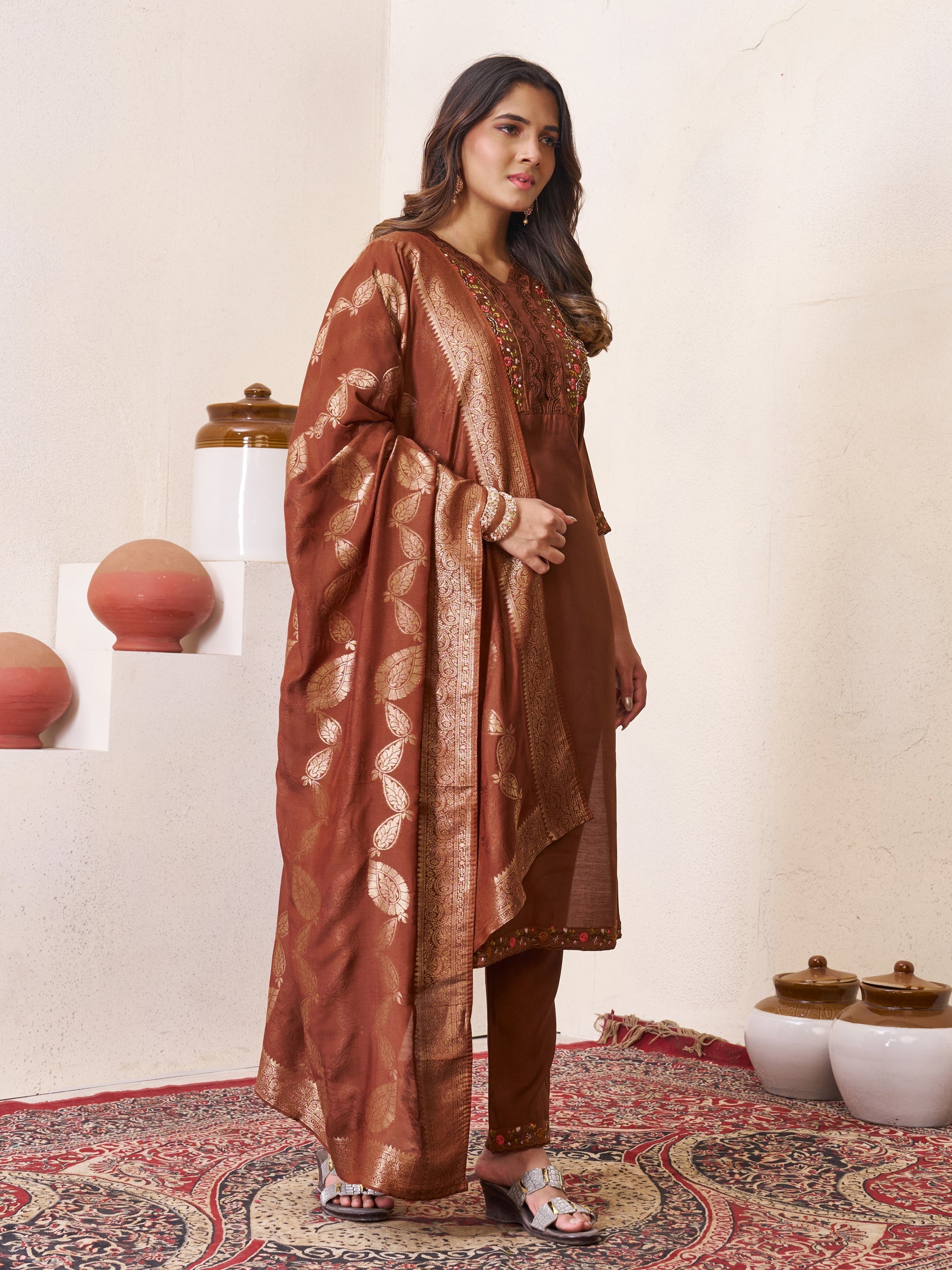 Lorenvalley Fashion Coffee Roman Silk Multi Embroidery Sequins With Hand Work Kurta Pant Dupatta | Grocsy