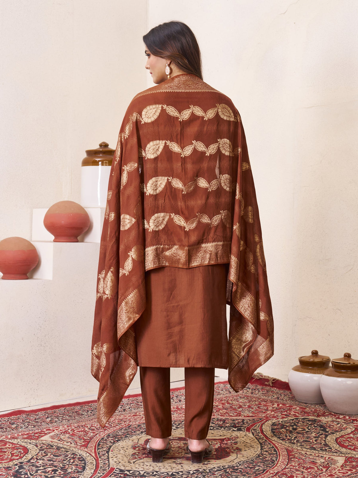 Lorenvalley Fashion Coffee Roman Silk Multi Embroidery Sequins With Hand Work Kurta Pant Dupatta | Grocsy