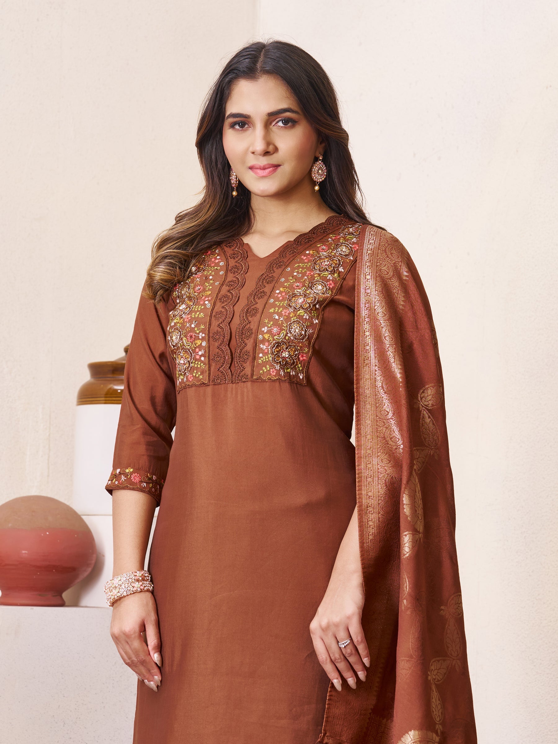 Lorenvalley Fashion Coffee Roman Silk Multi Embroidery Sequins With Hand Work Kurta Pant Dupatta | Grocsy