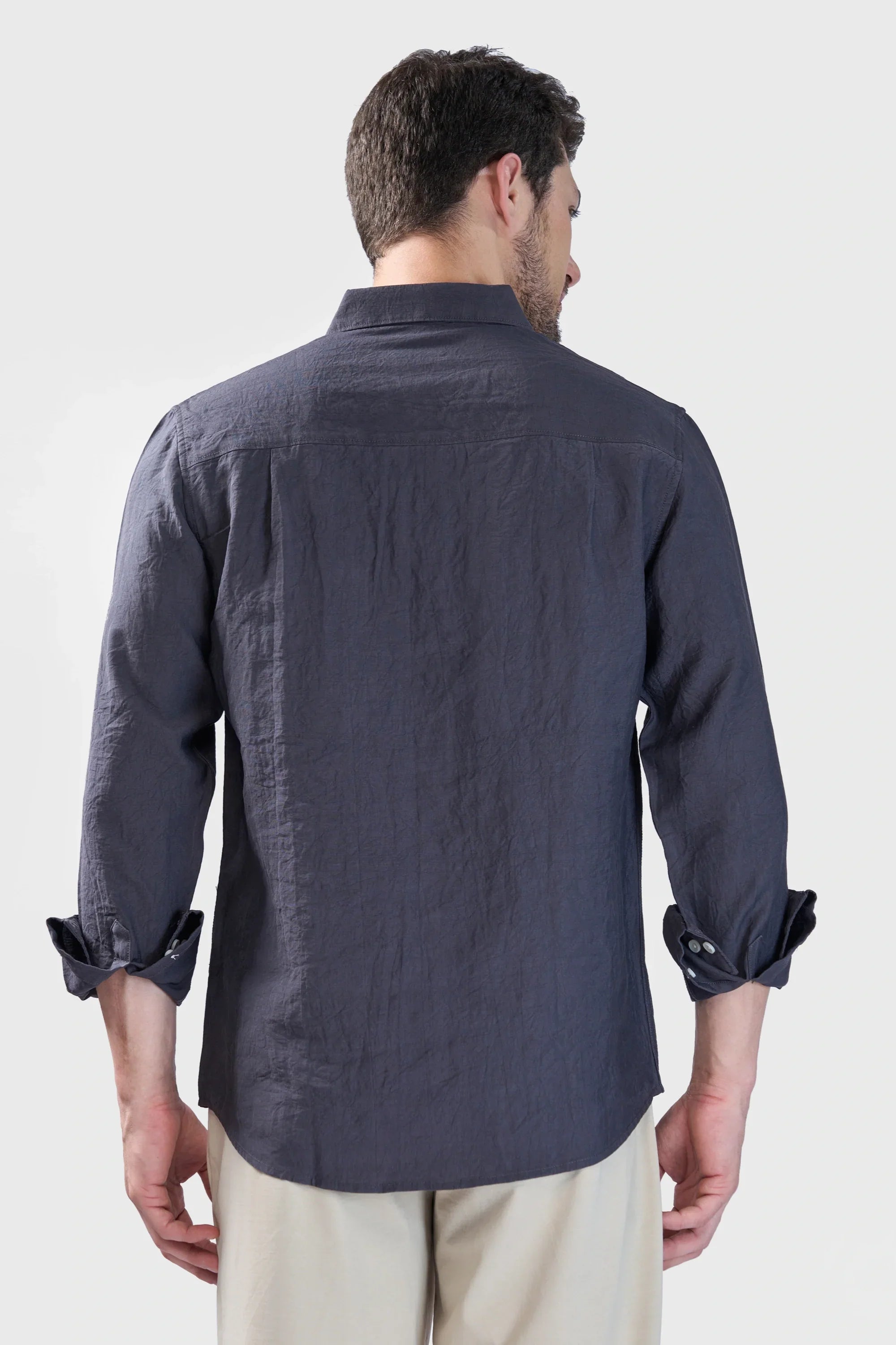 Xkind Dark Grey Crush Wrinkled Regular Fit Shirt | Grocsy