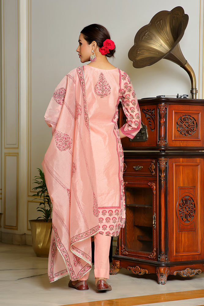 Vaasva Women Orange Chanderi Block Printed Embroidered Kurta Set With Solid Pants & Dupatta | Grocsy