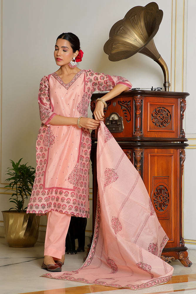 Vaasva Women Orange Chanderi Block Printed Embroidered Kurta Set With Solid Pants & Dupatta | Grocsy