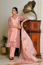 Vaasva Women Orange Chanderi Block Printed Embroidered Kurta Set With Solid Pants & Dupatta | Grocsy