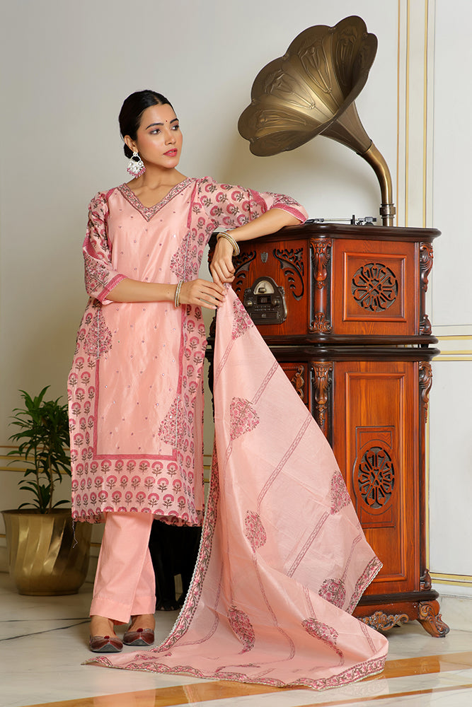 Vaasva Women Orange Chanderi Block Printed Embroidered Kurta Set With Solid Pants & Dupatta | Grocsy