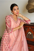 Vaasva Women Orange Chanderi Block Printed Embroidered Kurta Set With Solid Pants & Dupatta | Grocsy