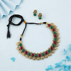 Tehzeeb Creations Green And Maroon Colour Gold-Polished Stone Jewellery Choker Necklace Set With Matching Pair of Stud Earrings | Grocsy