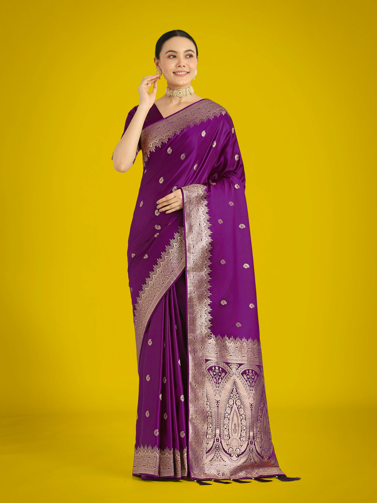 Monjolika Fashion Divine Purple Soft Banarasi Satin Silk Saree With Blouse Piece | Grocsy