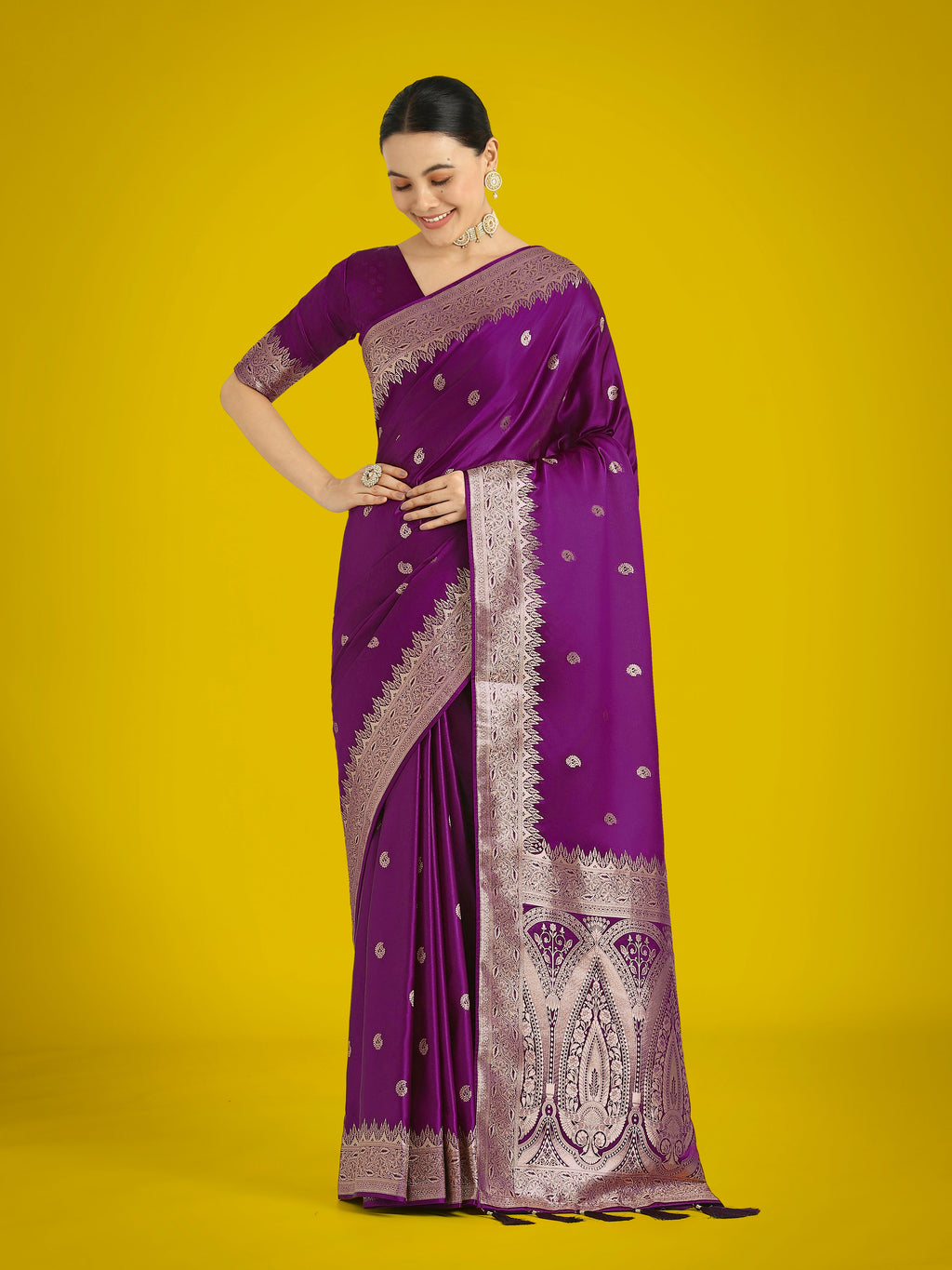 Monjolika Fashion Divine Purple Soft Banarasi Satin Silk Saree With Blouse Piece | Grocsy