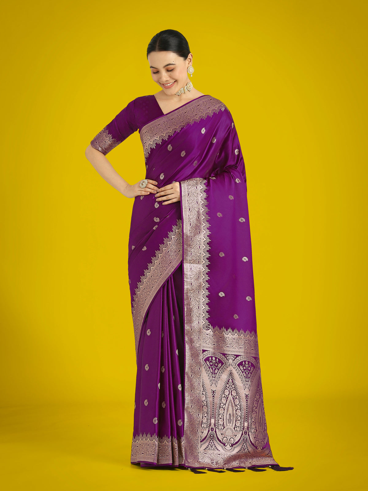 Monjolika Fashion Divine Purple Soft Banarasi Satin Silk Saree With Blouse Piece | Grocsy