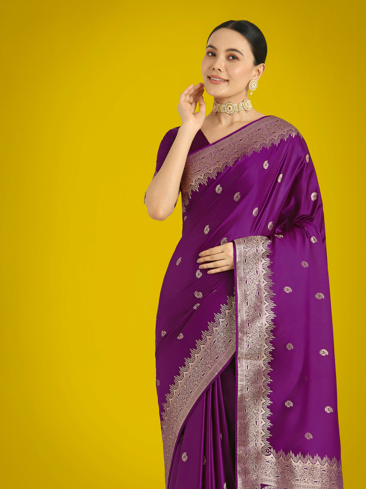 Monjolika Fashion Divine Purple Soft Banarasi Satin Silk Saree With Blouse Piece | Grocsy