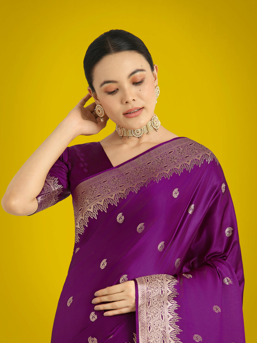 Monjolika Fashion Divine Purple Soft Banarasi Satin Silk Saree With Blouse Piece | Grocsy