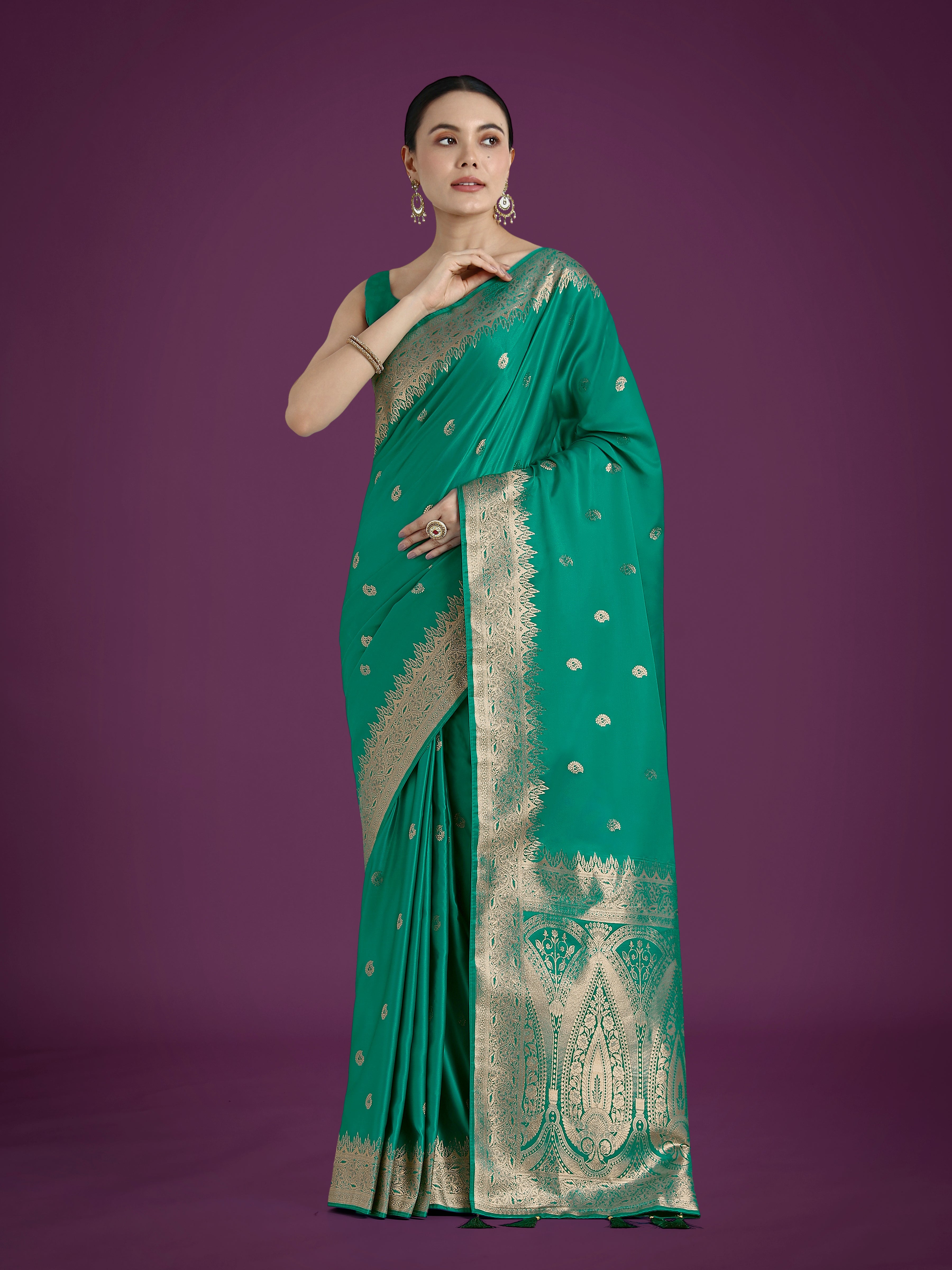 Monjolika Fashion Divine Turquoise Soft Banarasi Satin Silk Saree With Blouse Piece | Grocsy