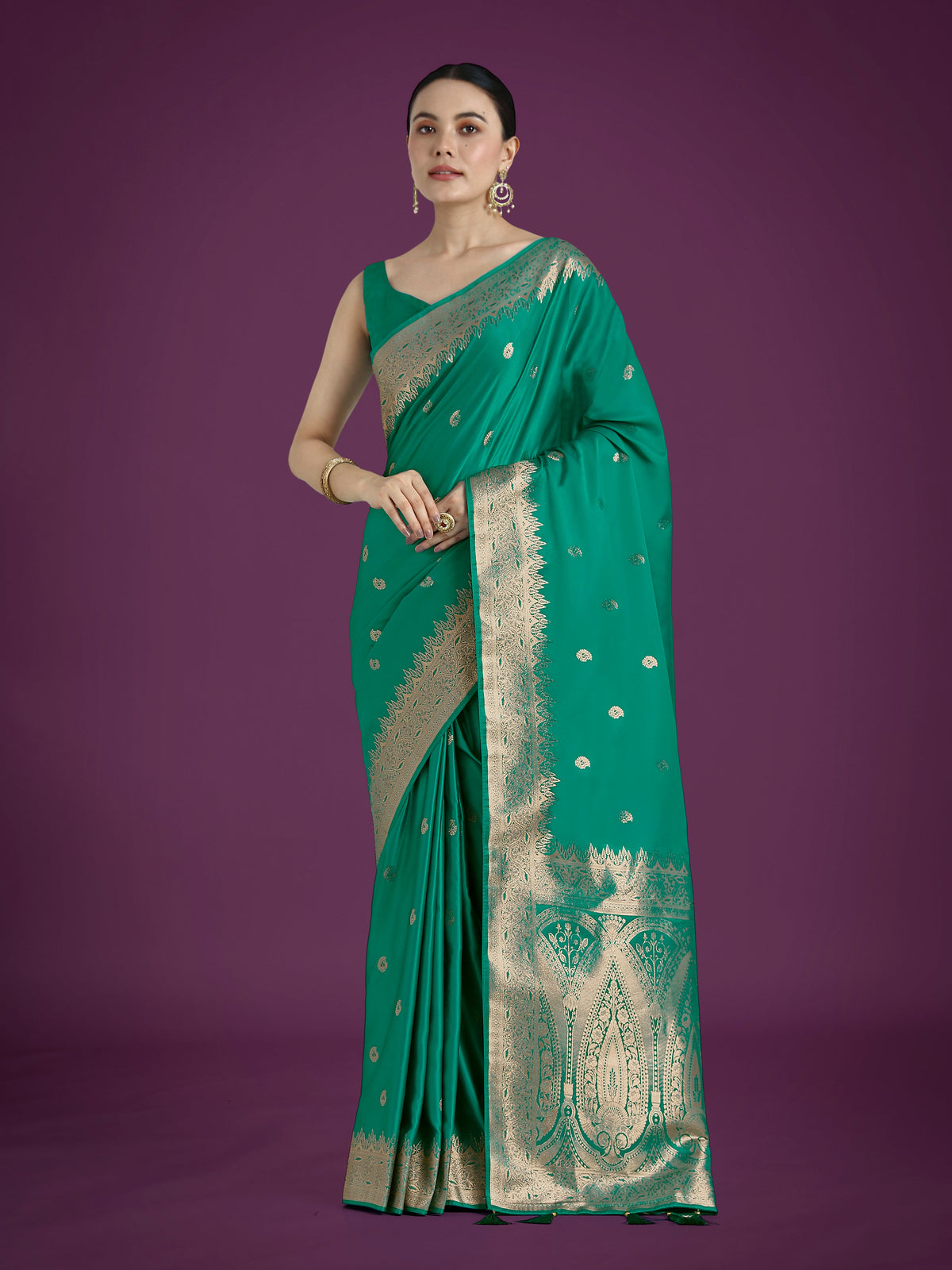Monjolika Fashion Divine Turquoise Soft Banarasi Satin Silk Saree With Blouse Piece | Grocsy