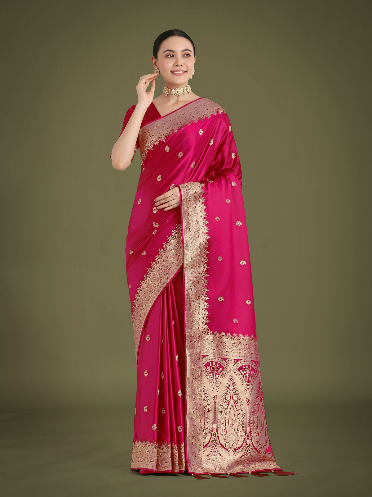 Monjolika Fashion Divine Rani Pink Soft Banarasi Satin Silk Saree With Blouse Piece | Grocsy