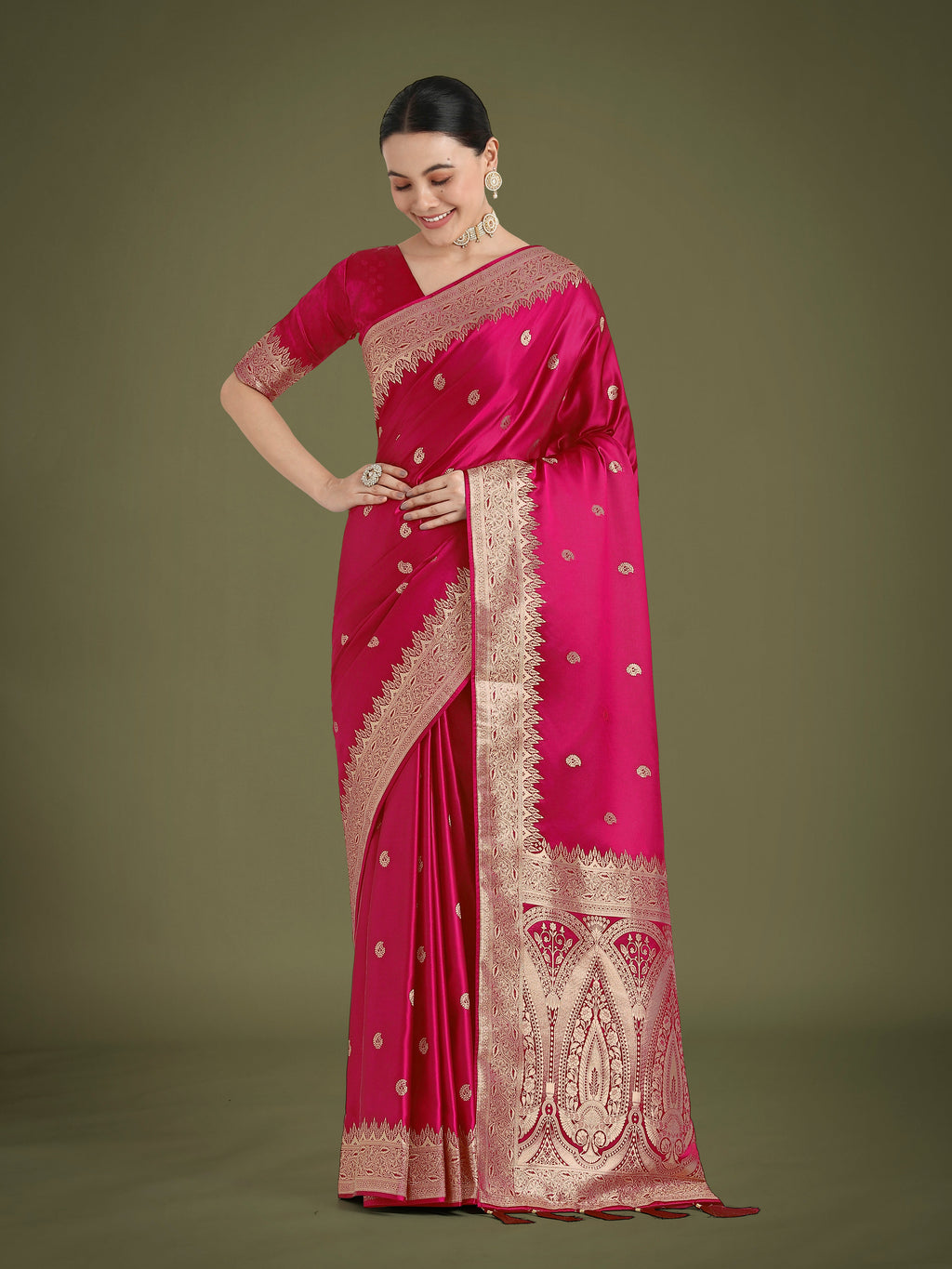 Monjolika Fashion Divine Rani Pink Soft Banarasi Satin Silk Saree With Blouse Piece | Grocsy