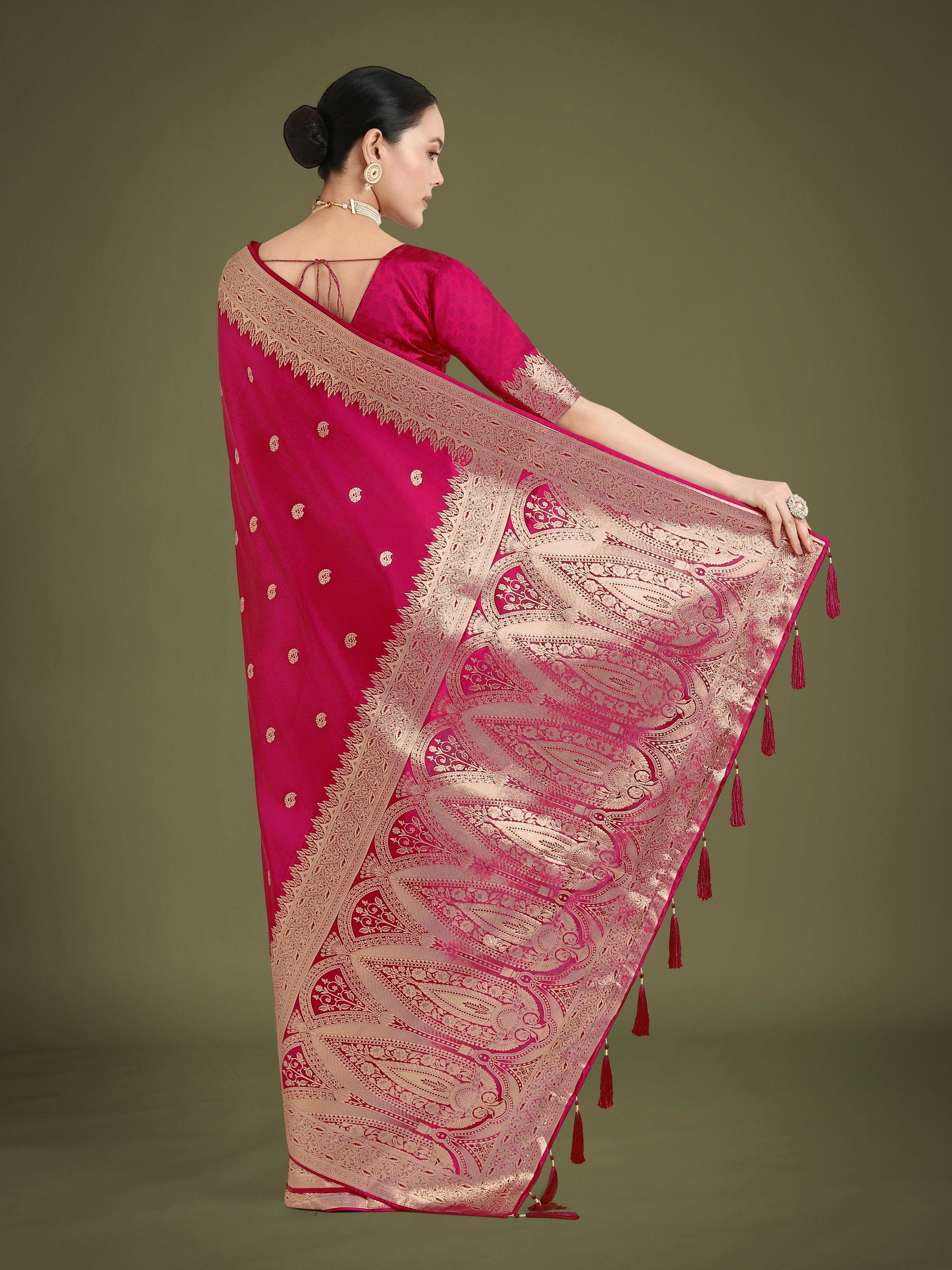 Monjolika Fashion Divine Rani Pink Soft Banarasi Satin Silk Saree With Blouse Piece | Grocsy