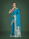 Monjolika Fashion Divine Cyan blue Soft Banarasi Satin Silk Saree With Blouse Piece | Grocsy
