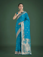 Monjolika Fashion Divine Cyan blue Soft Banarasi Satin Silk Saree With Blouse Piece | Grocsy