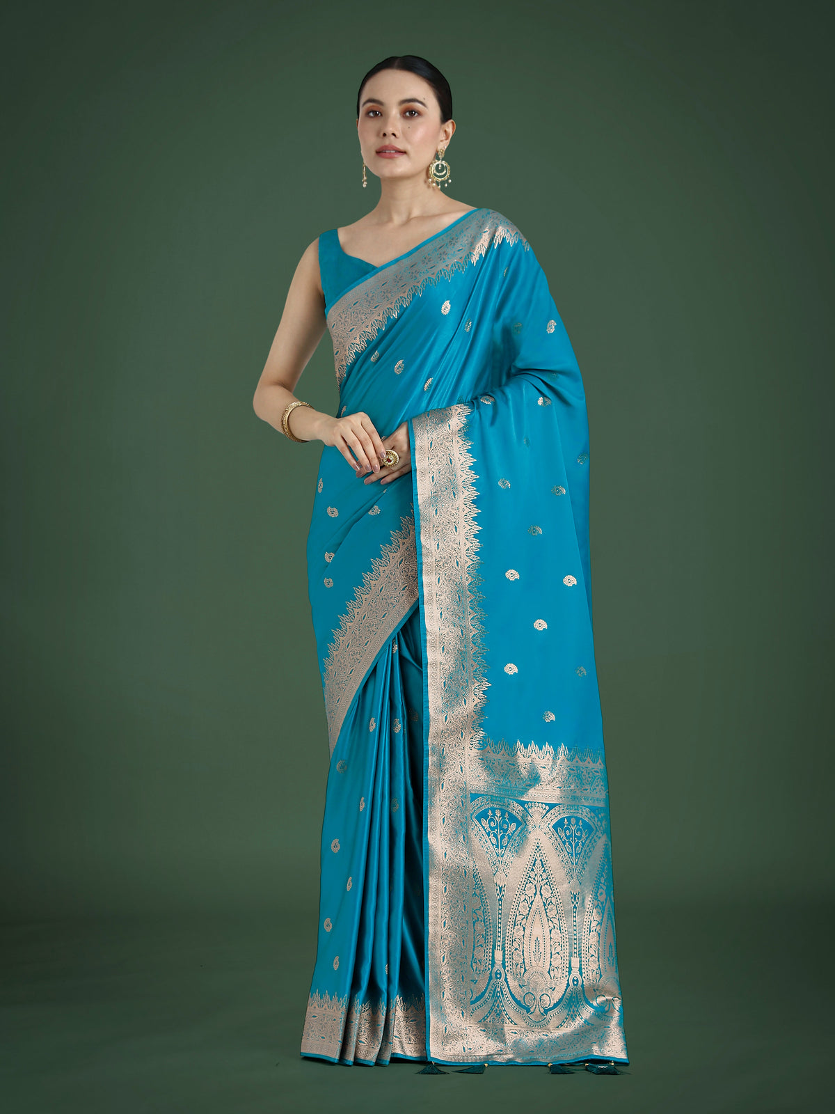 Monjolika Fashion Divine Cyan blue Soft Banarasi Satin Silk Saree With Blouse Piece | Grocsy
