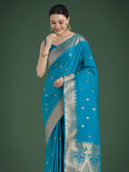 Monjolika Fashion Divine Cyan blue Soft Banarasi Satin Silk Saree With Blouse Piece | Grocsy