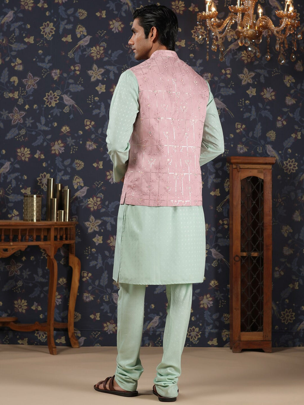 House of Pataudi Mandarin Collar Straight Kurta With Churidar & Embroidered Nehru Jacket | Grocsy