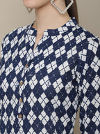 Sangria Women Navy Blue & White Geometric Printed Kurta | Grocsy