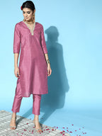 Sangria Women Mauve Yoke Design Straight Kurta with Trousers | Grocsy