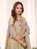 Lorenvalley Fashion Pista Viscose Roman Silk Multi Embroidery Thread With Hand Work Anarkali Kurti Pant Dupatta | Grocsy