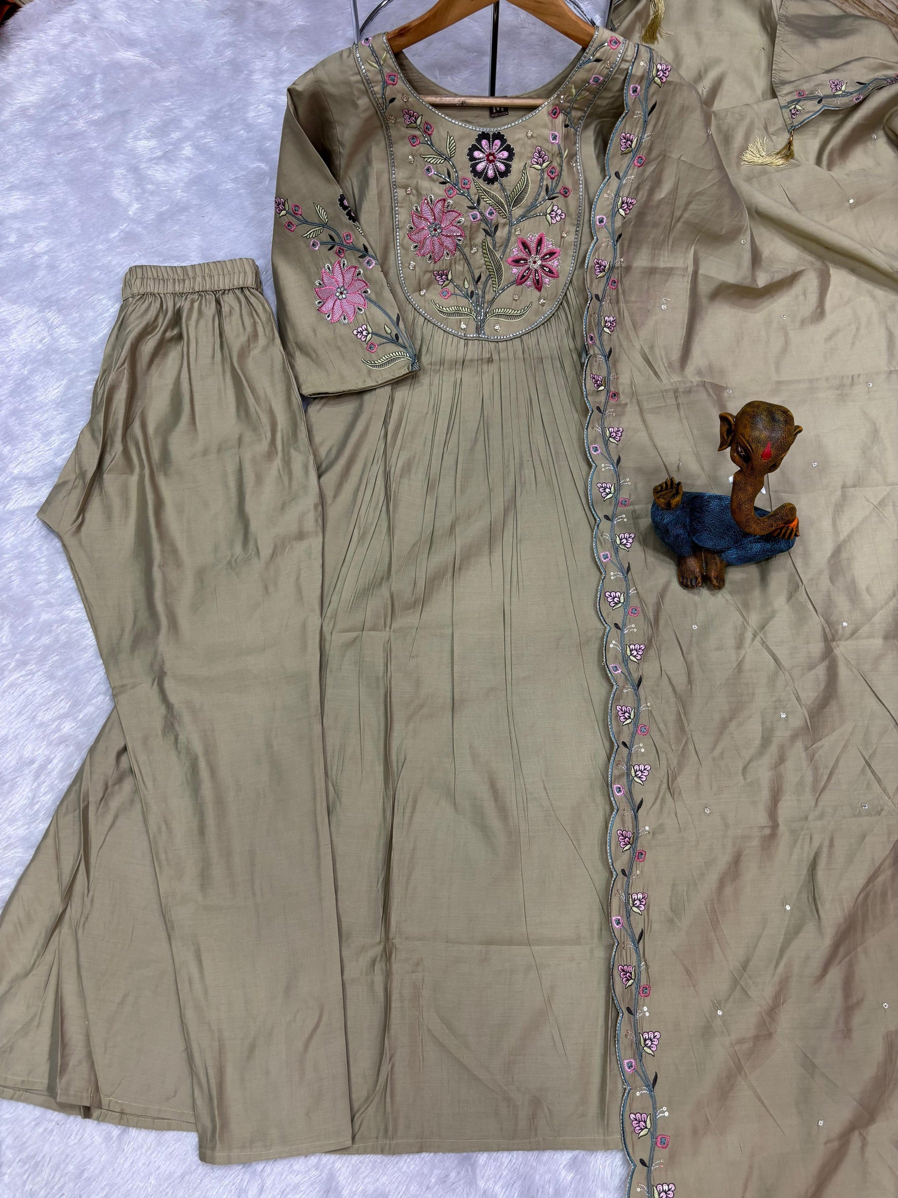 Lorenvalley Fashion Pista Viscose Roman Silk Multi Embroidery Thread With Hand Work Anarkali Kurti Pant Dupatta | Grocsy