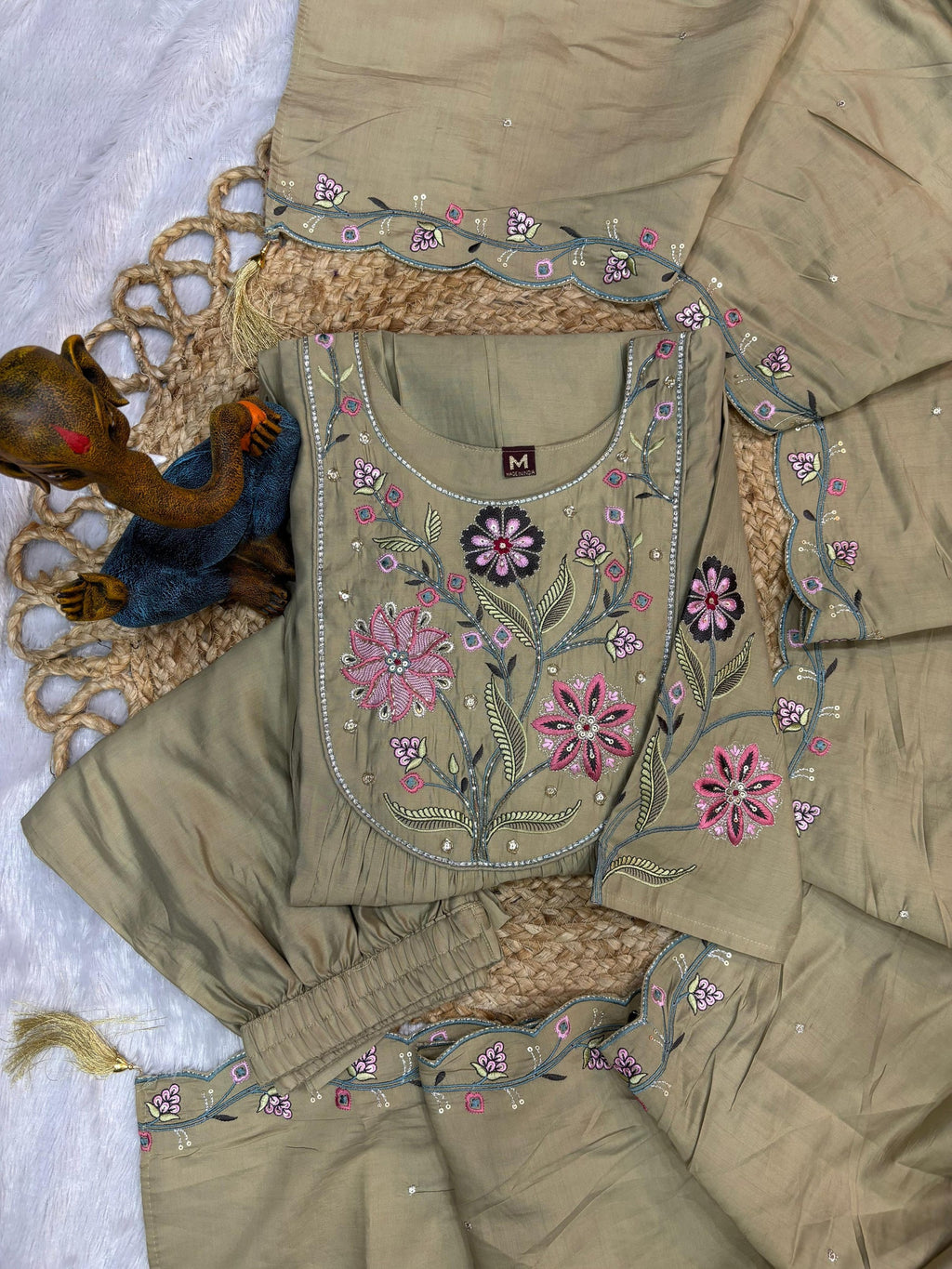 Lorenvalley Fashion Pista Viscose Roman Silk Multi Embroidery Thread With Hand Work Anarkali Kurti Pant Dupatta | Grocsy