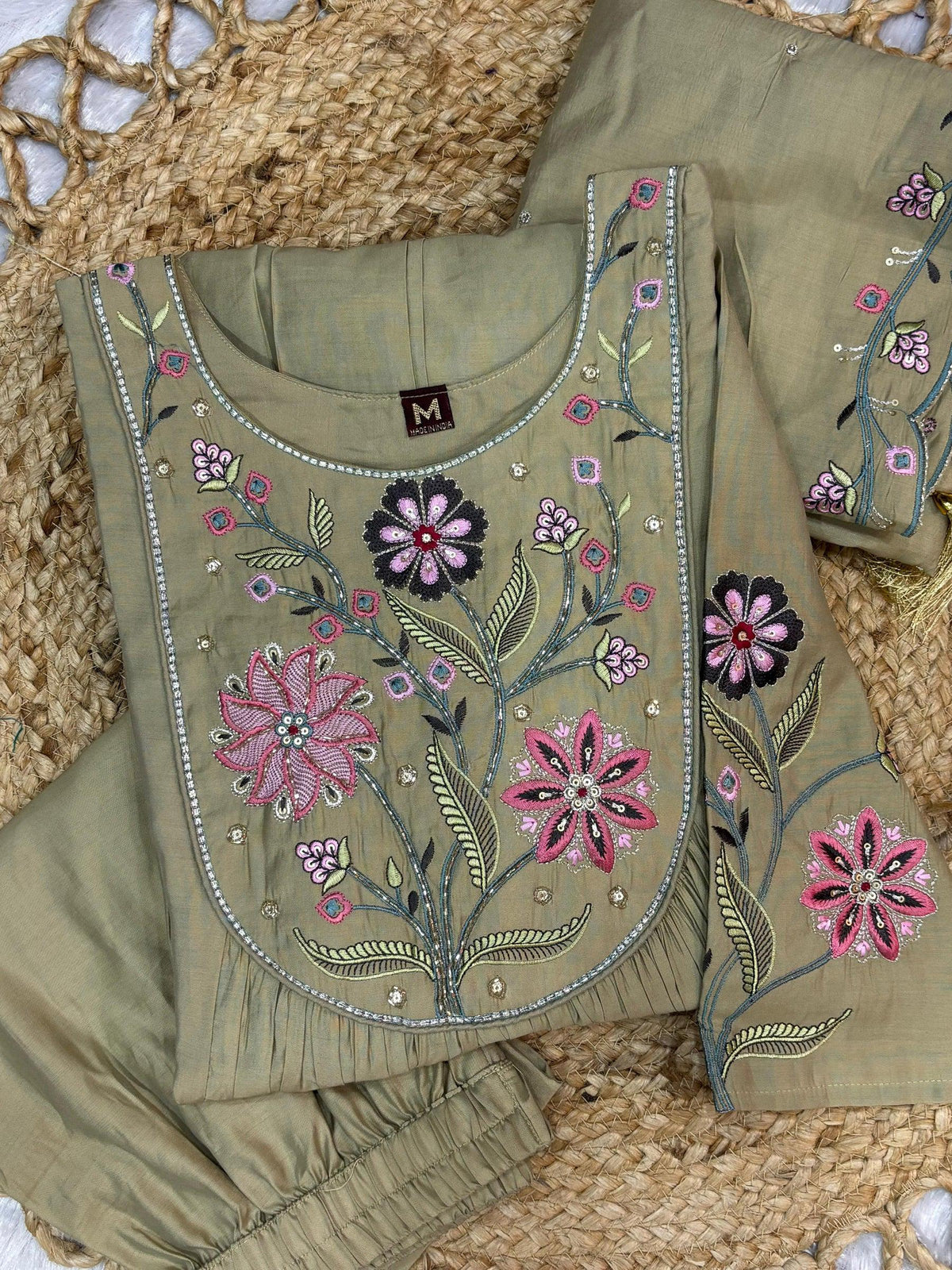Lorenvalley Fashion Pista Viscose Roman Silk Multi Embroidery Thread With Hand Work Anarkali Kurti Pant Dupatta | Grocsy