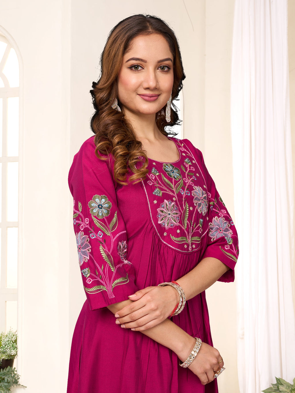 Lorenvalley Fashion Ranipink Viscose Roman Silk Multi Embroidery Thread With Hand Work Anarkali Kurti Pant Dupatta | Grocsy