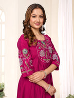 Lorenvalley Fashion Ranipink Viscose Roman Silk Multi Embroidery Thread With Hand Work Anarkali Kurti Pant Dupatta | Grocsy
