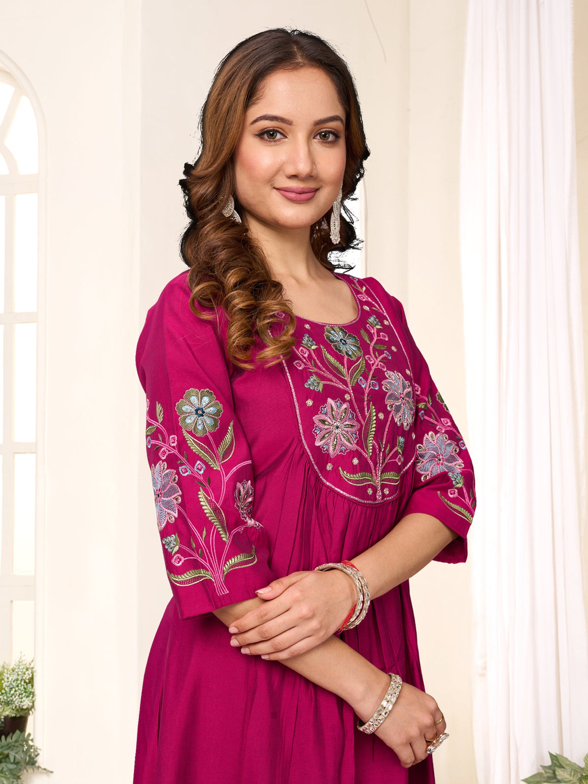 Lorenvalley Fashion Ranipink Viscose Roman Silk Multi Embroidery Thread With Hand Work Anarkali Kurti Pant Dupatta | Grocsy