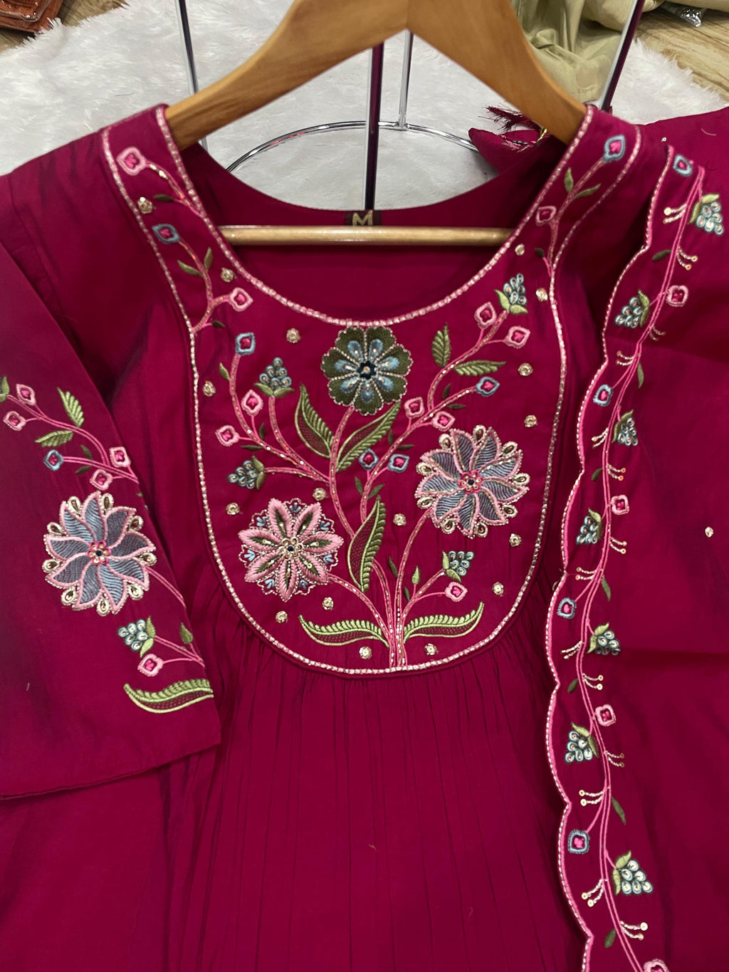 Lorenvalley Fashion Ranipink Viscose Roman Silk Multi Embroidery Thread With Hand Work Anarkali Kurti Pant Dupatta | Grocsy
