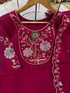Lorenvalley Fashion Ranipink Viscose Roman Silk Multi Embroidery Thread With Hand Work Anarkali Kurti Pant Dupatta | Grocsy