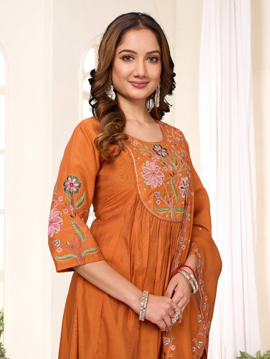 Lorenvalley Fashion Rust Viscose Roman Silk Multi Embroidery Thread With Hand Work Anarkali Kurti Pant Dupatta | Grocsy