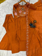 Lorenvalley Fashion Rust Viscose Roman Silk Multi Embroidery Thread With Hand Work Anarkali Kurti Pant Dupatta | Grocsy