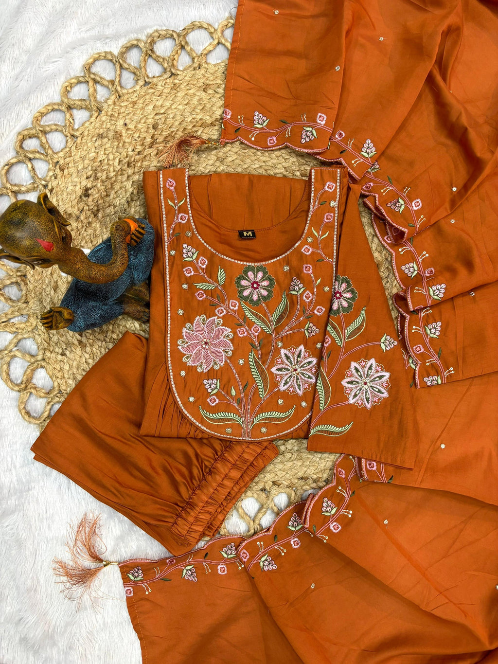 Lorenvalley Fashion Rust Viscose Roman Silk Multi Embroidery Thread With Hand Work Anarkali Kurti Pant Dupatta | Grocsy
