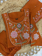 Lorenvalley Fashion Rust Viscose Roman Silk Multi Embroidery Thread With Hand Work Anarkali Kurti Pant Dupatta | Grocsy
