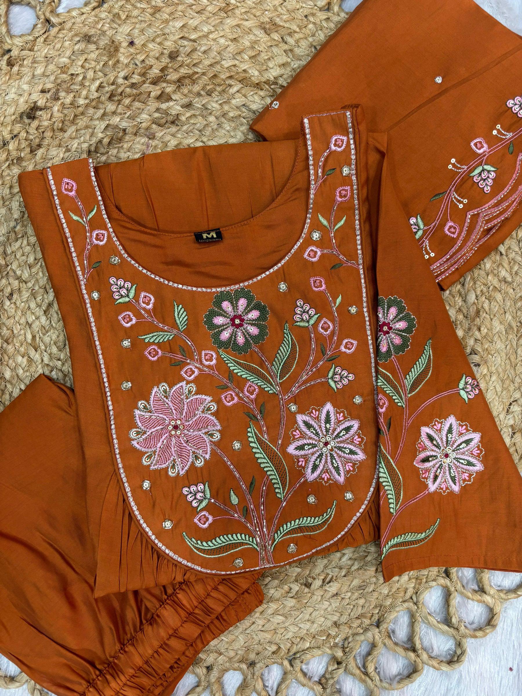 Lorenvalley Fashion Rust Viscose Roman Silk Multi Embroidery Thread With Hand Work Anarkali Kurti Pant Dupatta | Grocsy
